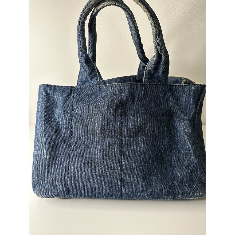 PRADA Denim Tote Bag Shopper Triangle Logo Handbag Shoulder Bag